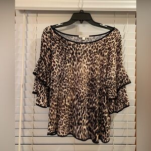 Spense Petite Medium Leopard Print Top with Tiered Ruffle Sleeves